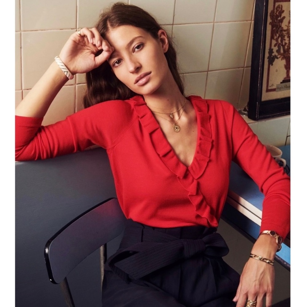 SEZANE Kim Red Jumper Sweater Wrap Ruffle Merino Wool XSmall